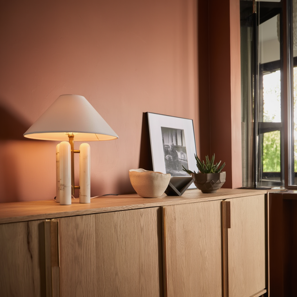 Bordlampe i marmor, metal og stof