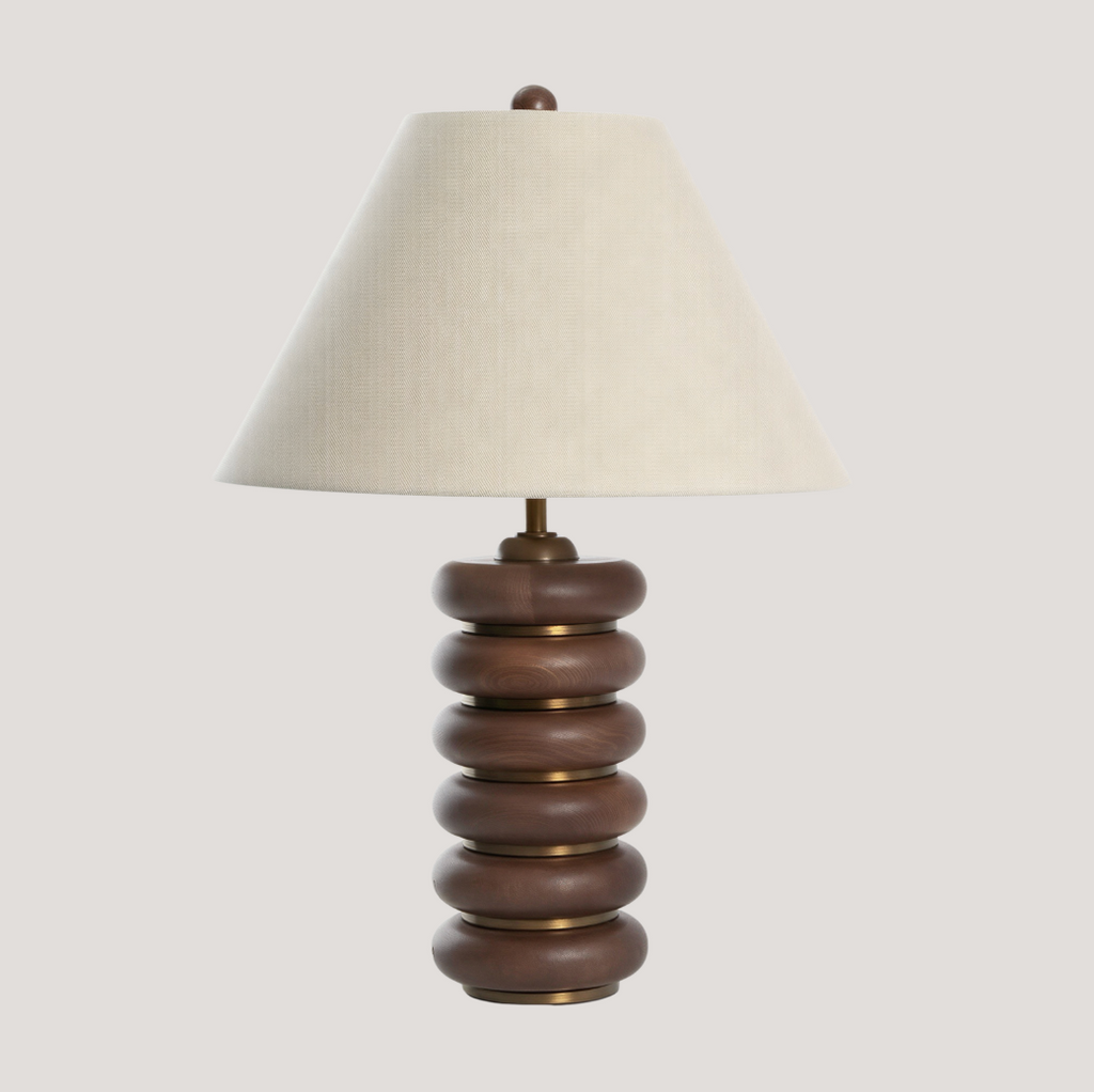 Bordlampe i træ og stof