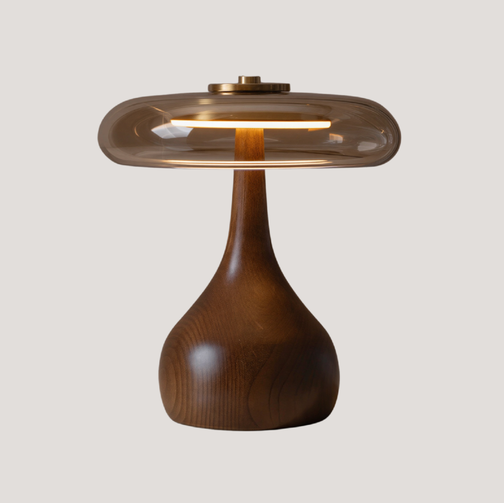 Vintage LED-bordlampe i messing, glas og træ | USB