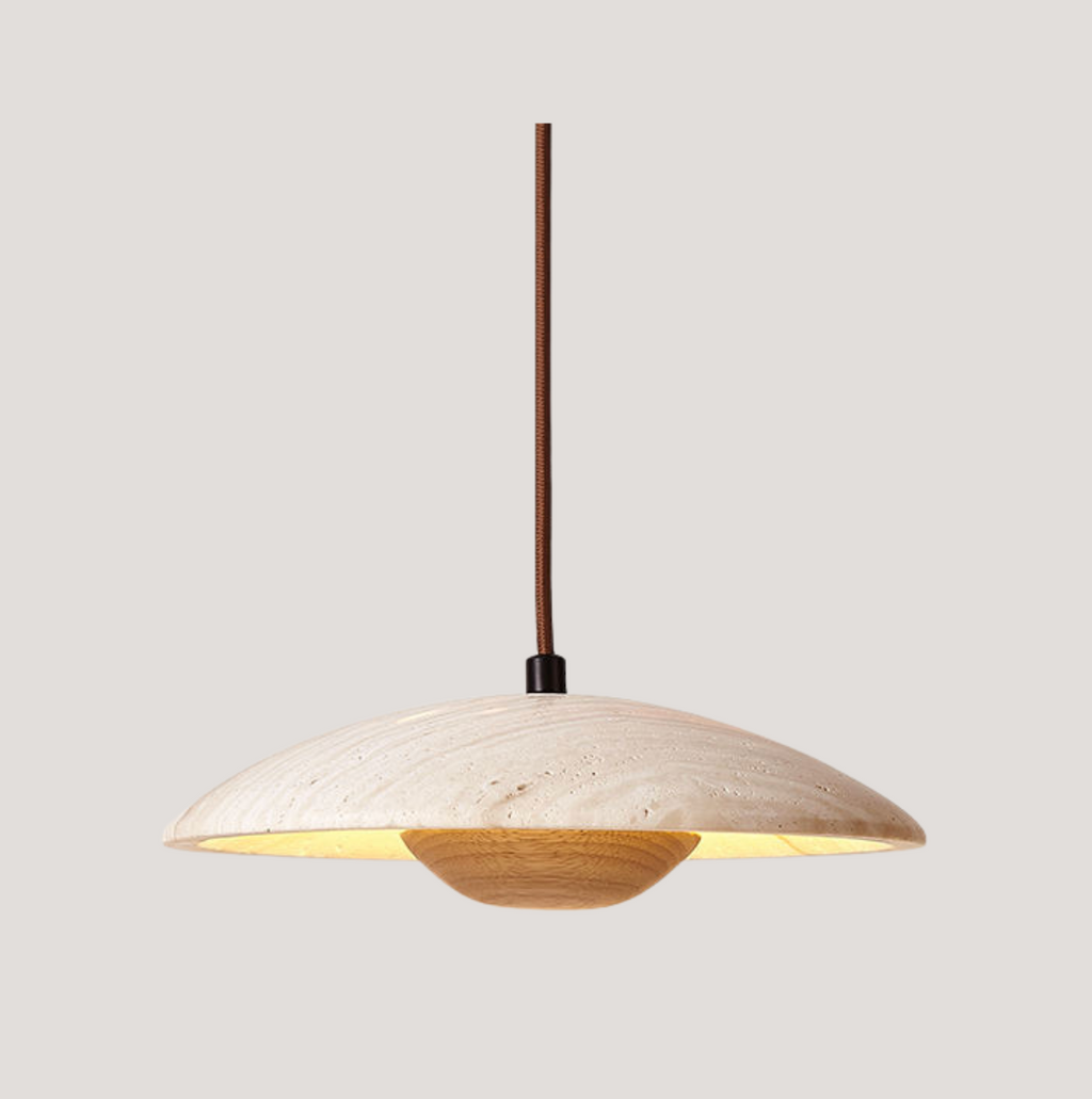 Loftlampe i sten og træ | LED pendellampe med varmt lys