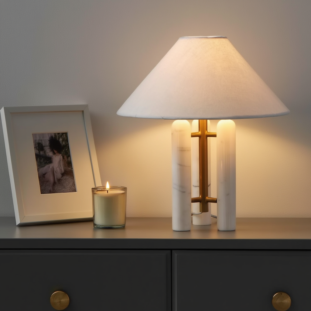 Bordlampe i marmor, metal og stof