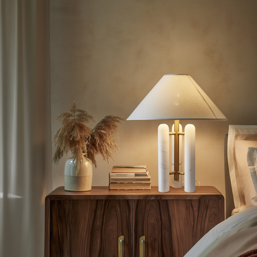Bordlampe i marmor, metal og stof