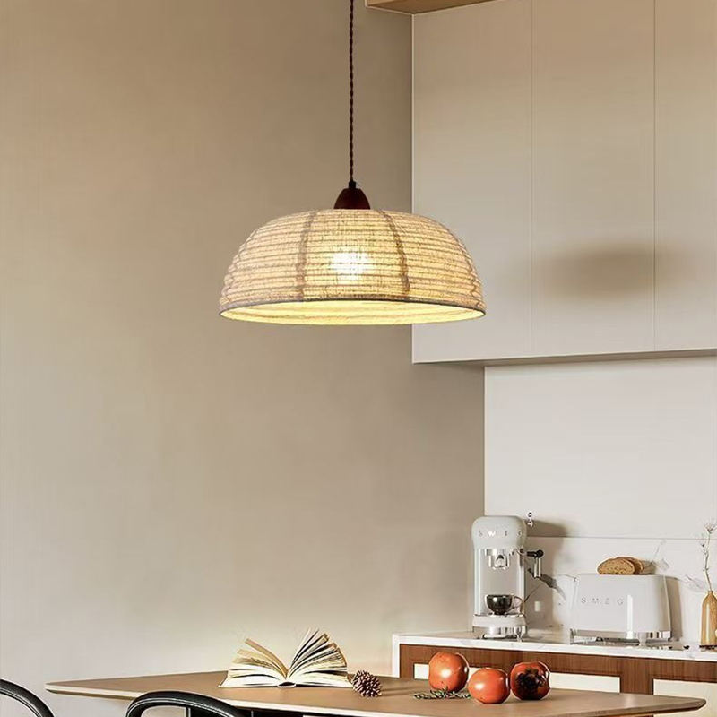 Loftlampe i metal og træ med hørstof | Dæmpbar E27 pendellampe
