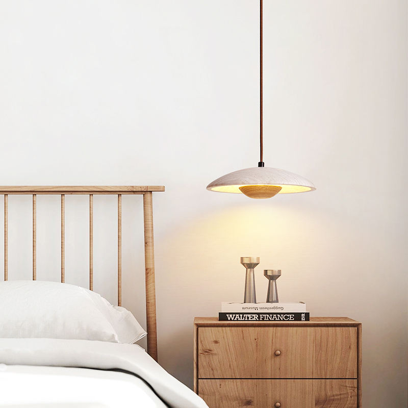 Loftlampe i sten og træ | LED pendellampe med varmt lys