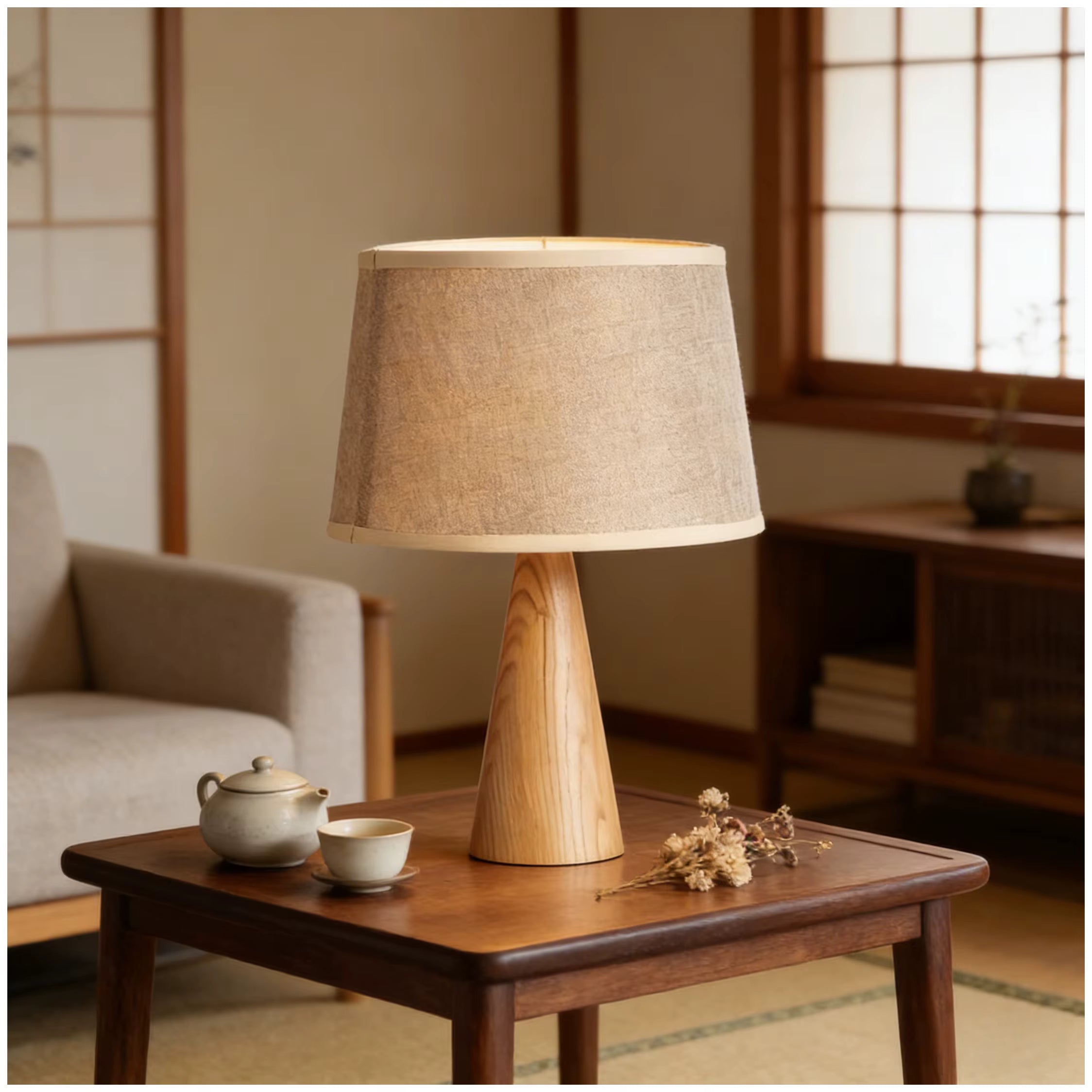 Bordslampa | Bordslampa i trä och tyg, E27, 2700K varmvit, 220V, strömbrytare