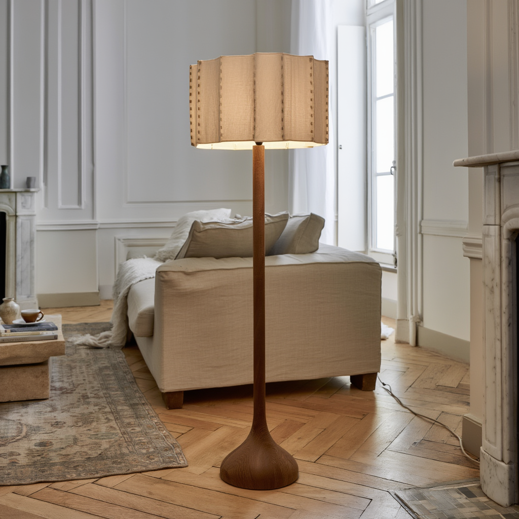 Golvlampa | Golvlampa i askträ och tyg, E27, dimbar, 3500K, 85–265V