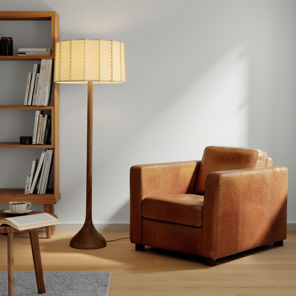 Golvlampa | Golvlampa i askträ och tyg, E27, dimbar, 3500K, 85–265V