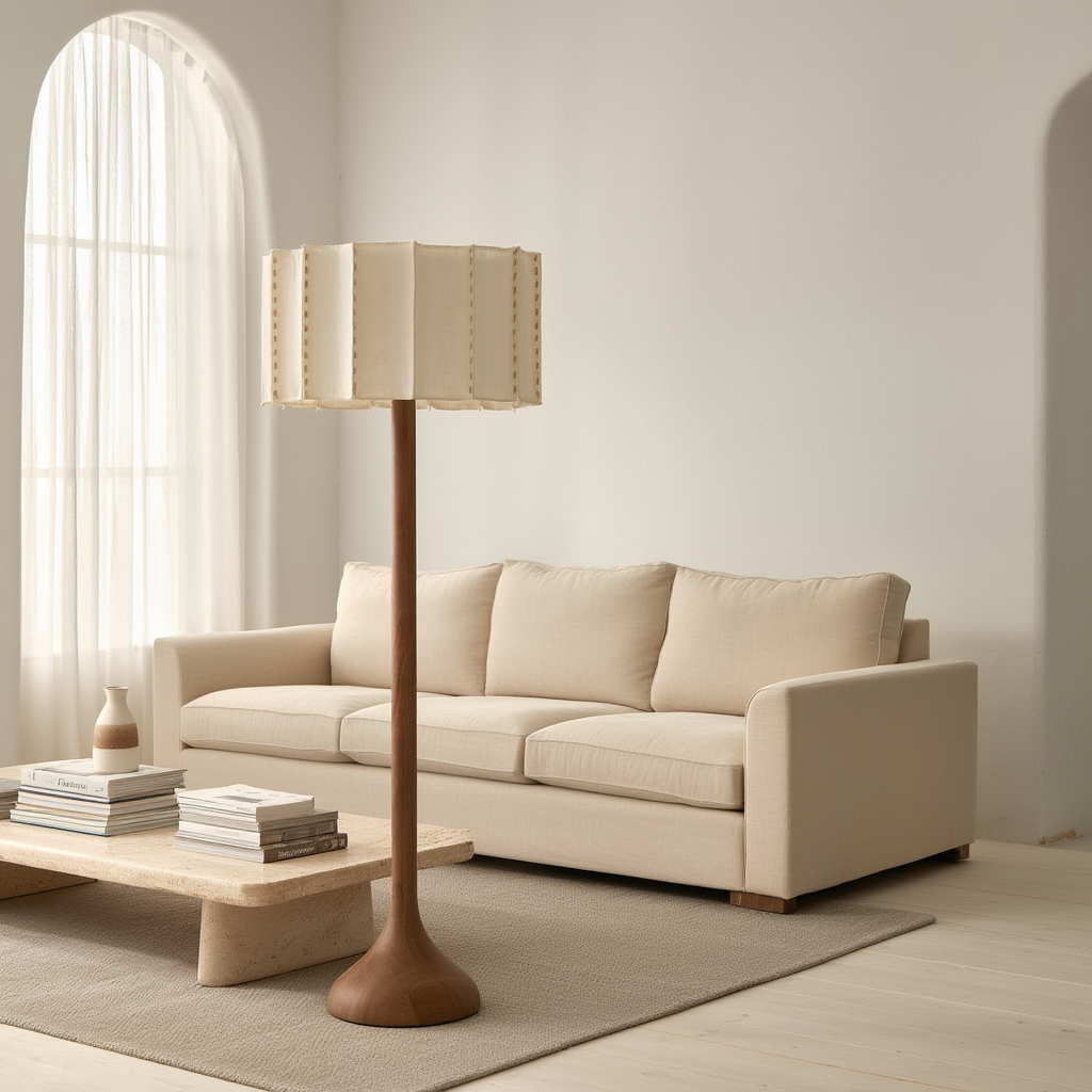 Golvlampa | Golvlampa i askträ och tyg, E27, dimbar, 3500K, 85–265V