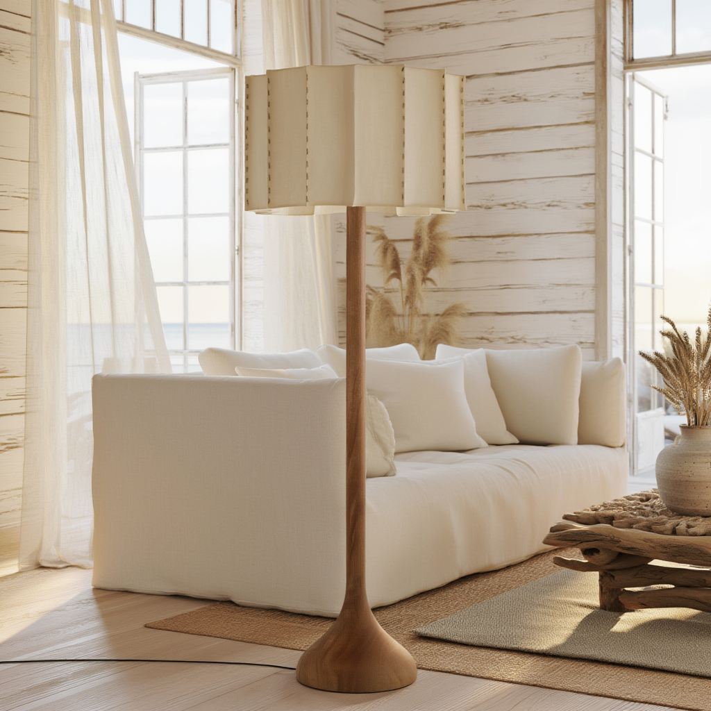 Golvlampa | Golvlampa i askträ och tyg, E27, dimbar, 3500K, 85–265V