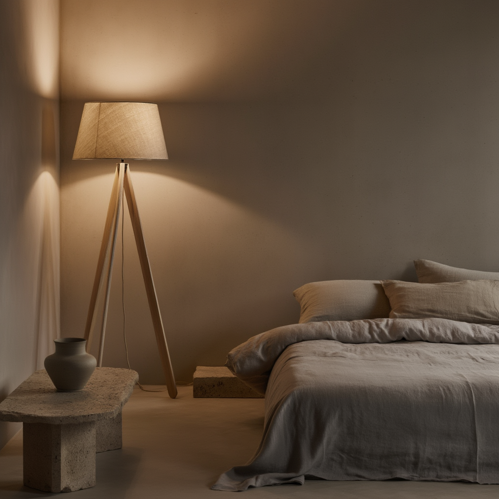 Golvlampa | Golvlampa i trä och tyg, E27 LED, dimbar, 3500K, 85–265V