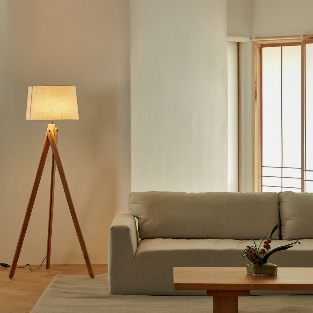 Golvlampa | Golvlampa i trä och tyg, E27 LED, dimbar, 3500K, 85–265V