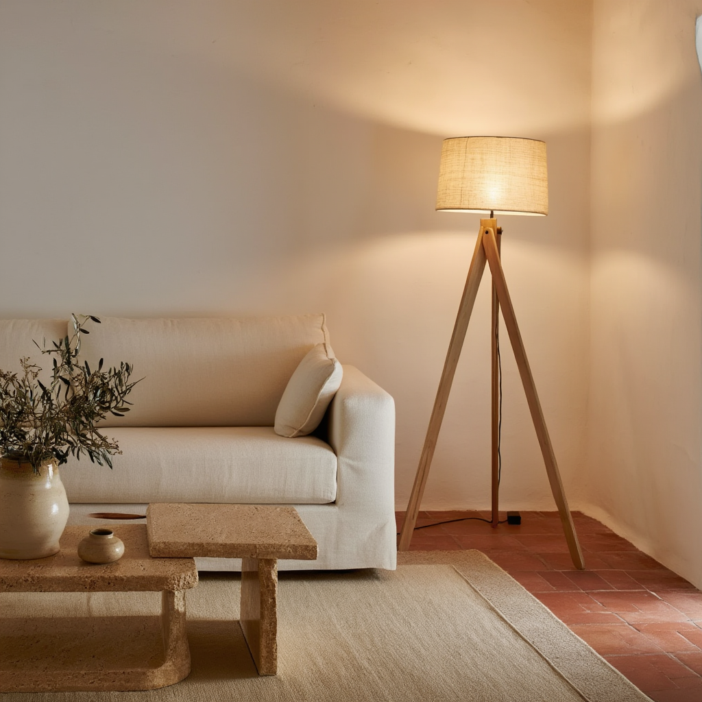 Golvlampa | Golvlampa i trä och tyg, E27 LED, dimbar, 3500K, 85–265V