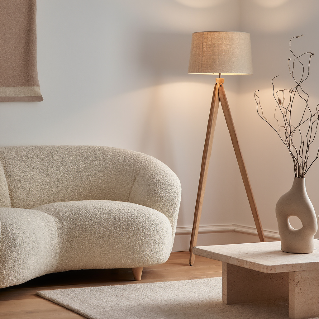 Golvlampa | Golvlampa i trä och tyg, E27 LED, dimbar, 3500K, 85–265V