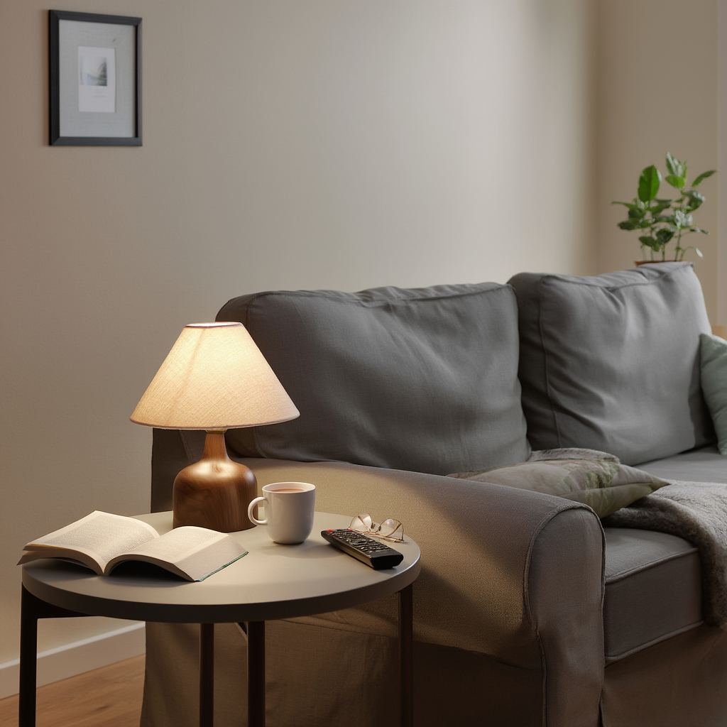 Bordlampe i jern og stof | E27 med varmt lys