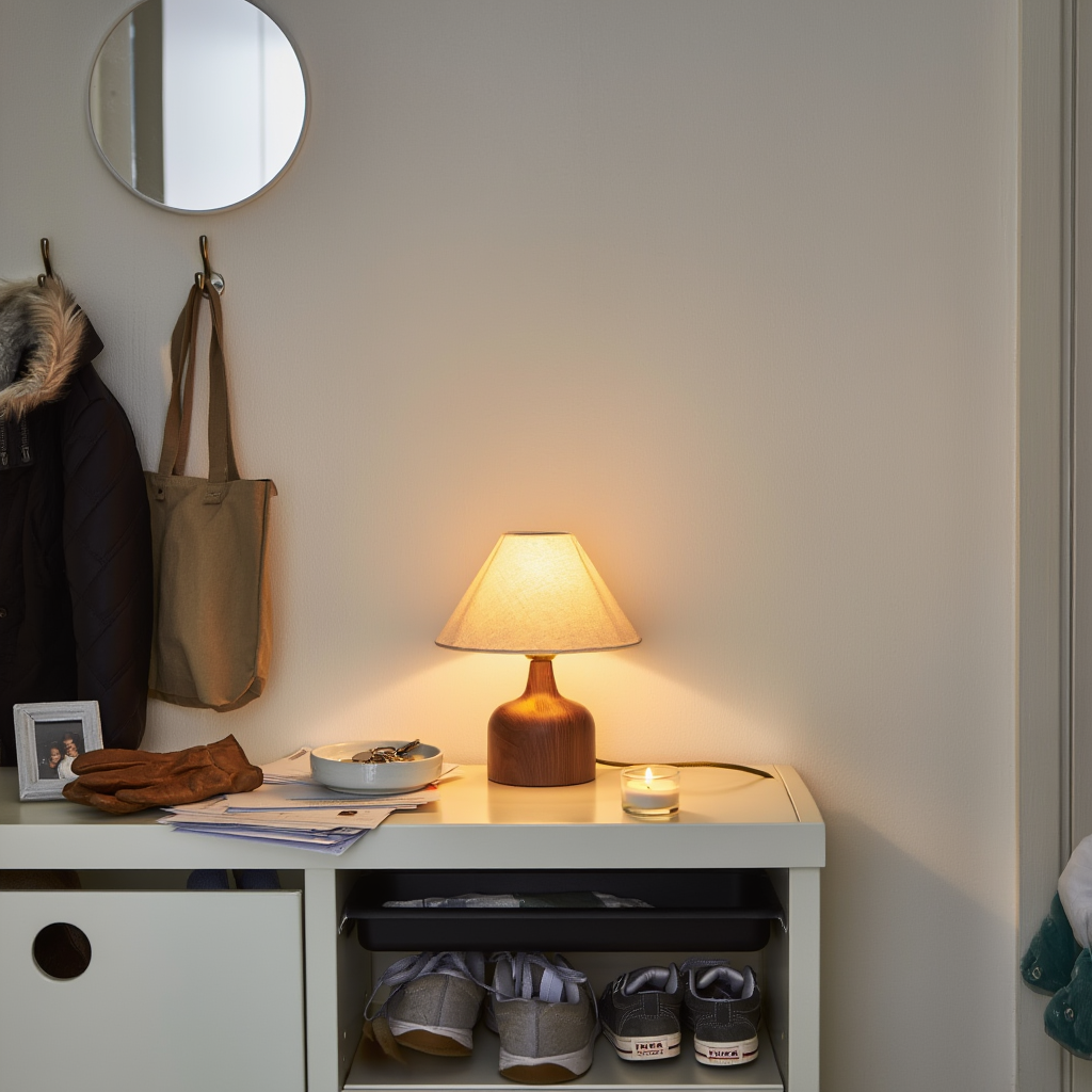 Bordlampe i jern og stof | E27 med varmt lys