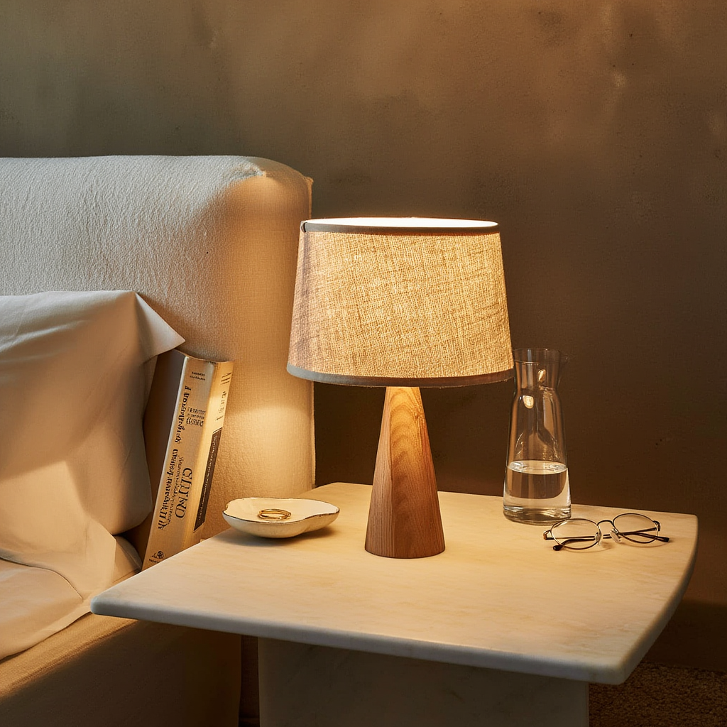 Bordlampe i træ og stof | E27 med 2700K varmhvidt lys