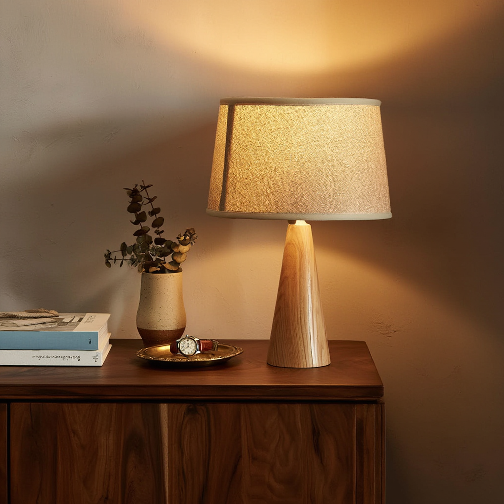 Bordlampe i træ og stof | E27 med 2700K varmhvidt lys