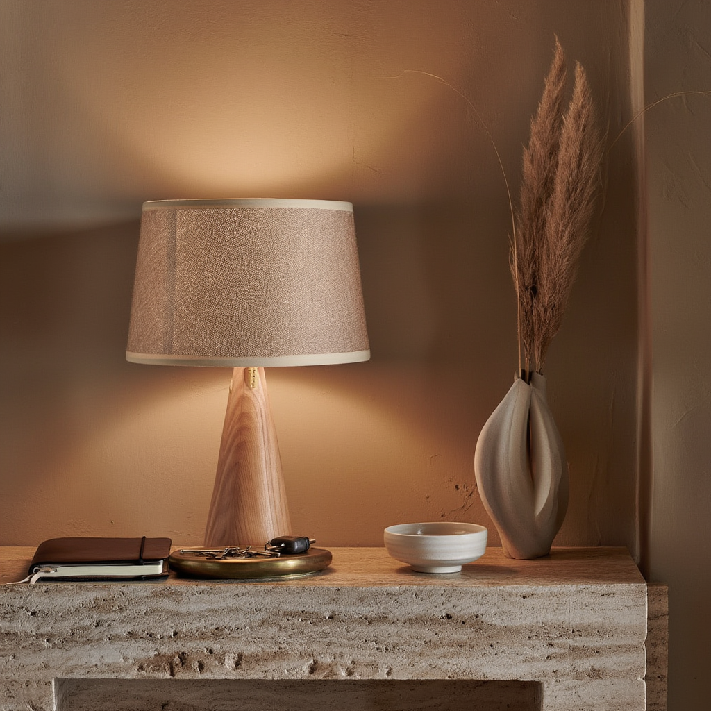 Bordslampa | Bordslampa i trä och tyg, E27, 2700K varmvit, 220V, strömbrytare