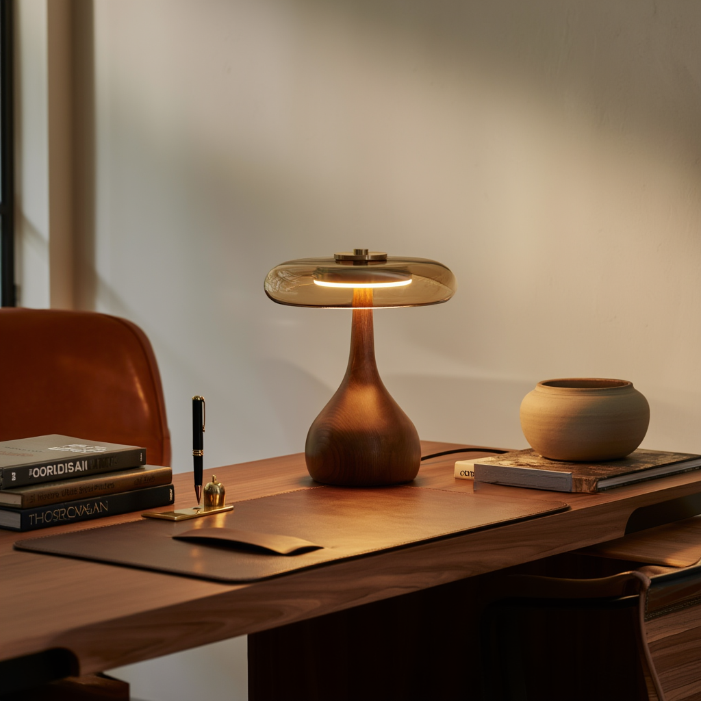 Vintage LED-bordlampe i messing, glas og træ | USB