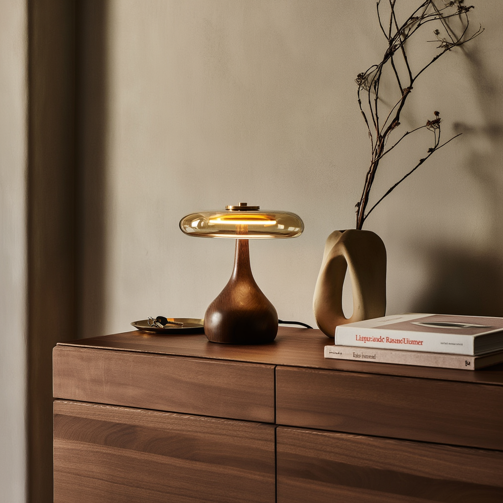 Vintage LED-bordlampe i messing, glas og træ | USB