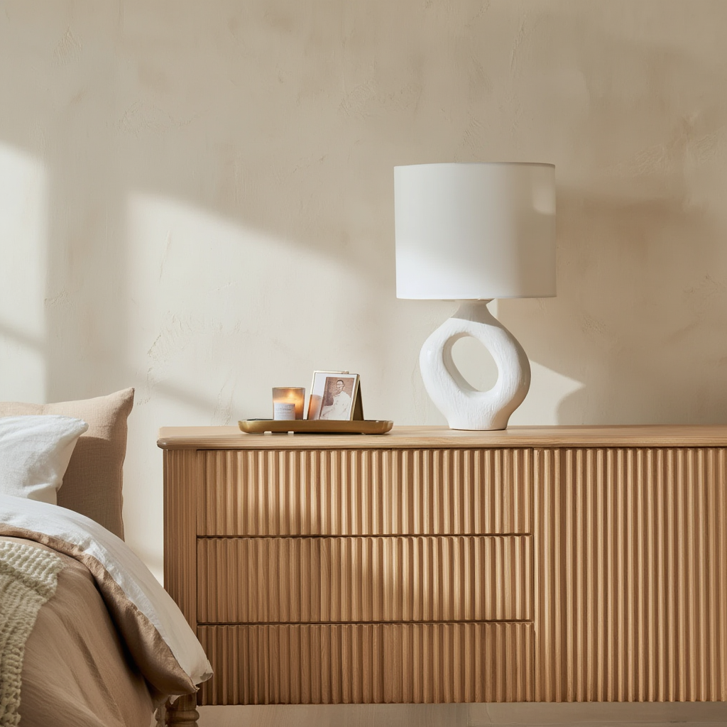 Bordlampe i keramik og stof