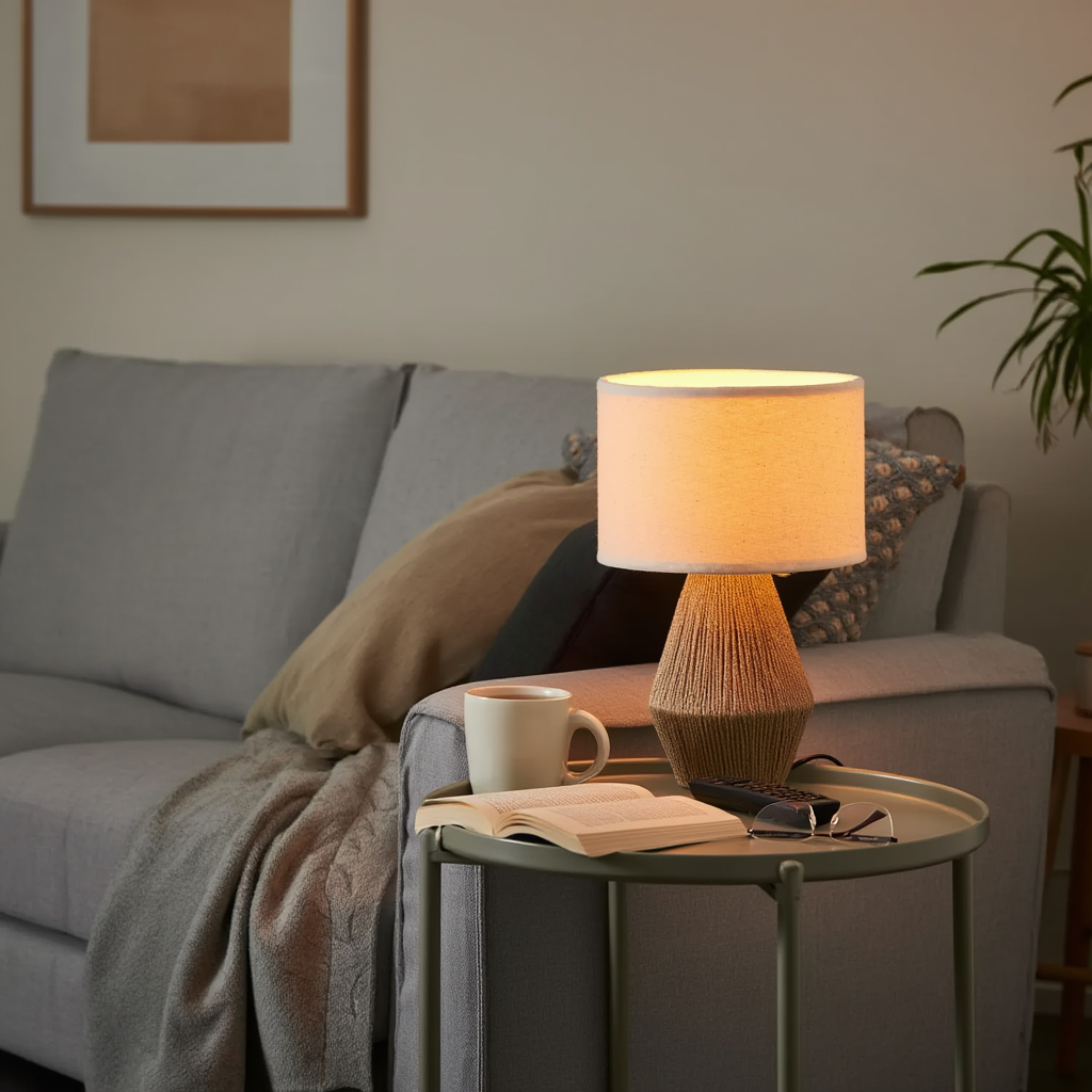Bordlampe i metal og rattan | Dæmpbar E27 med varmt lys