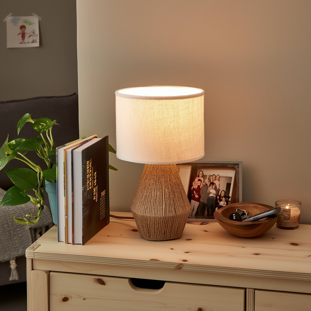 Bordlampe i metal og rattan | Dæmpbar E27 med varmt lys
