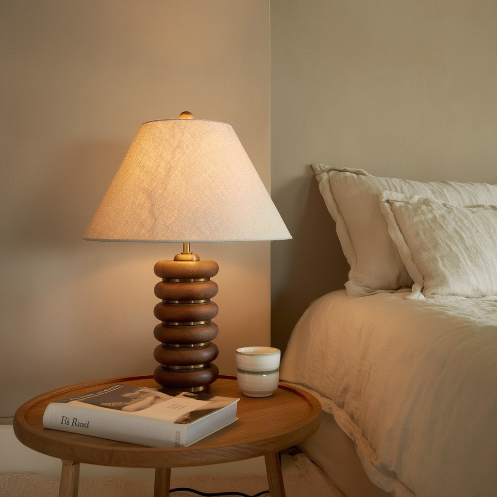 Bordlampe i træ og stof