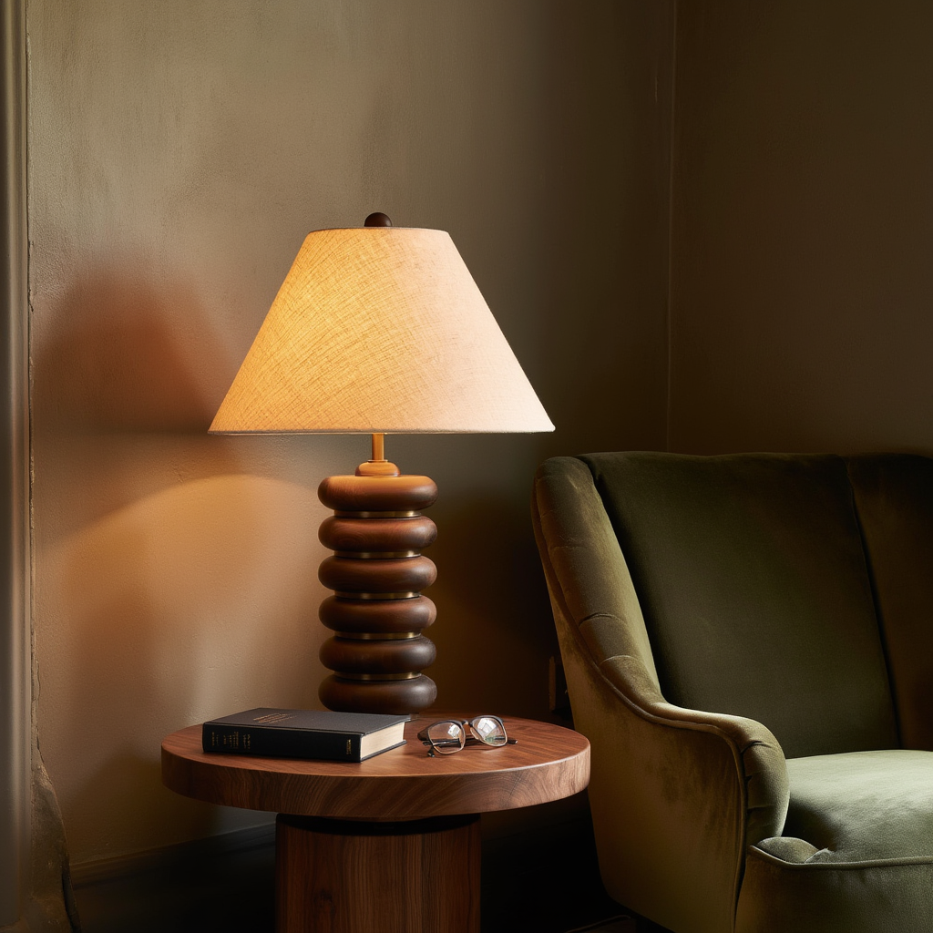 Bordlampe i træ og stof