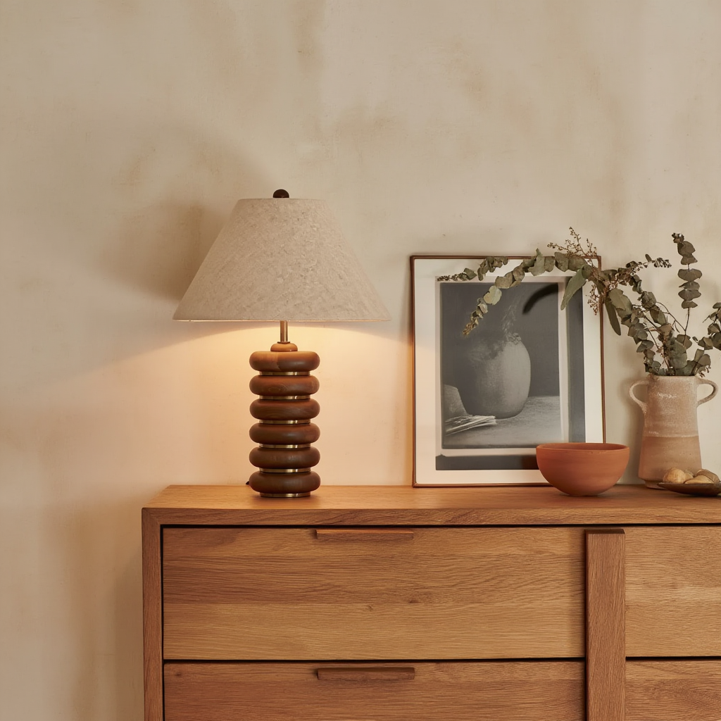 Bordlampe i træ og stof
