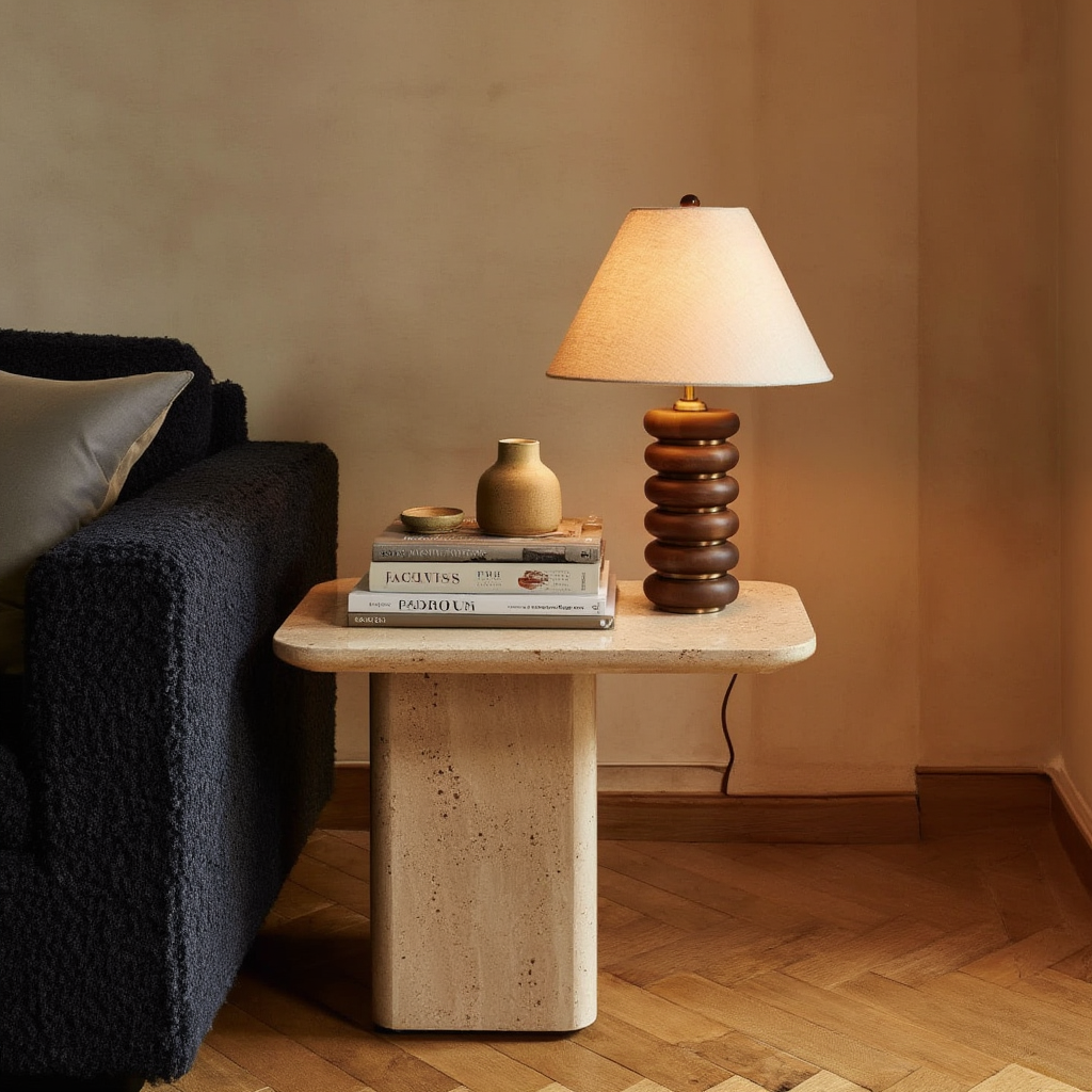 Bordlampe i træ og stof