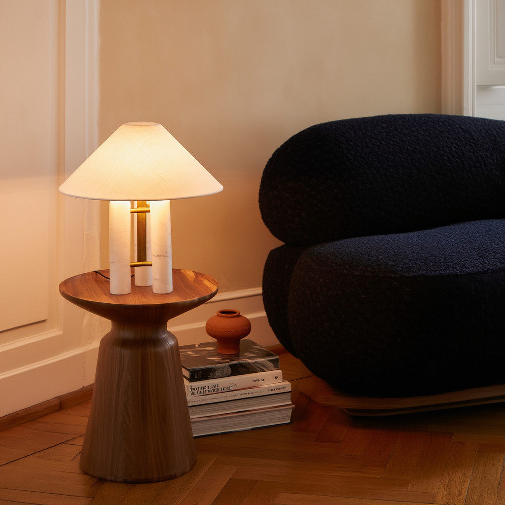 Bordslampa | Marmor, metall och tyg