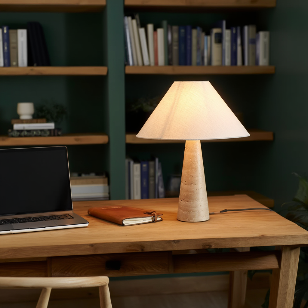 Bordlampe i metal med stofskærm