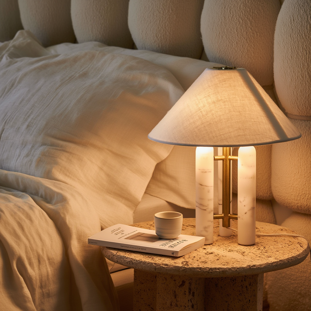 Bordlampe i marmor, metal og stof