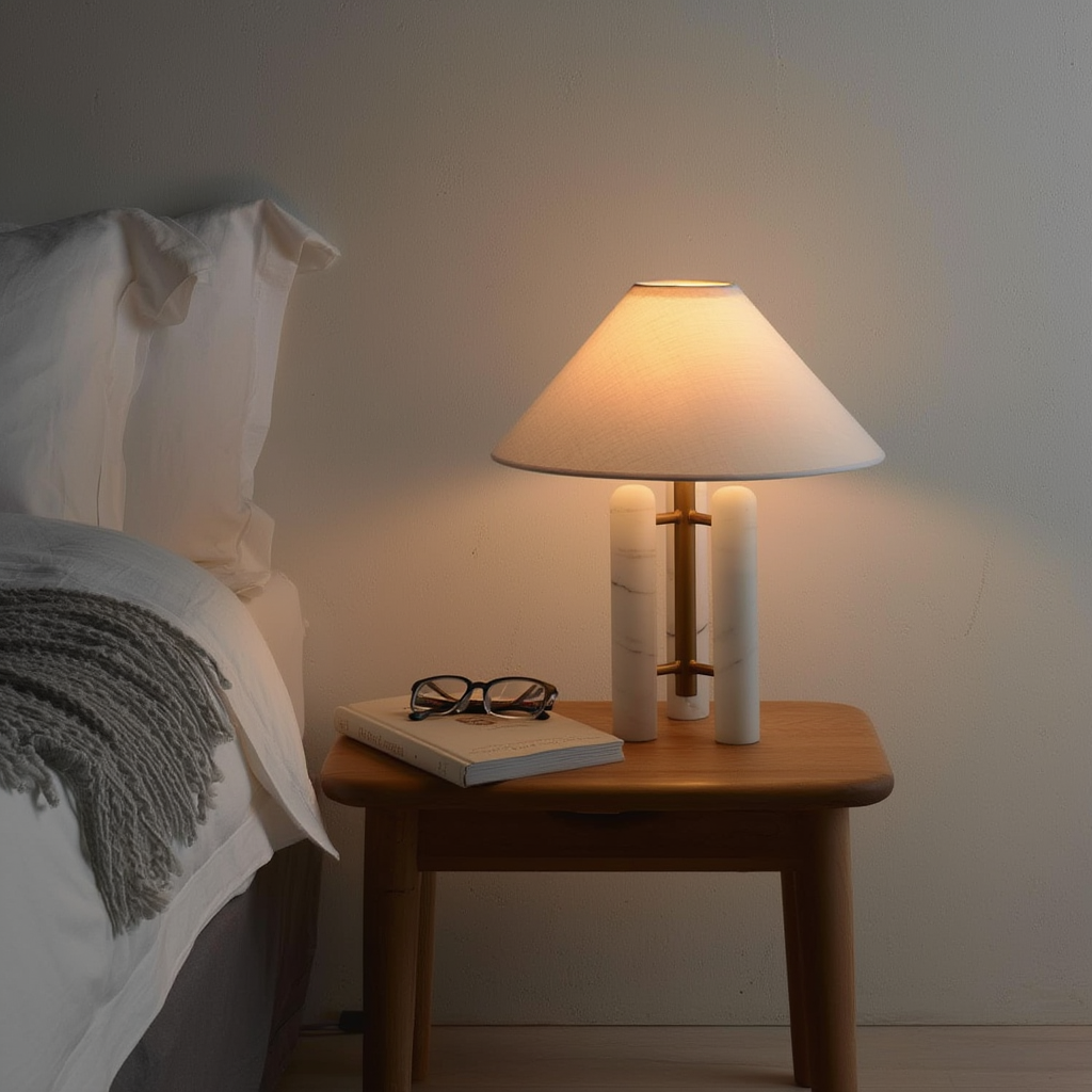 Bordlampe i marmor, metal og stof